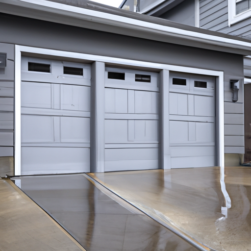 Townhouse garage door in Puyallup, WA, closed sectional door on a wet street after rain