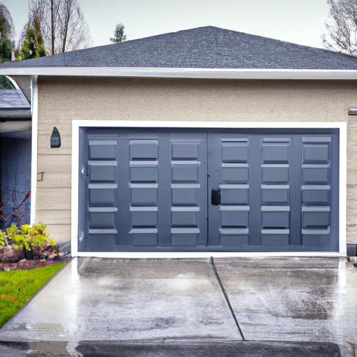 Closed matte steel garage door on a suburban Puyallup home on an overcast day, wet driveway visible