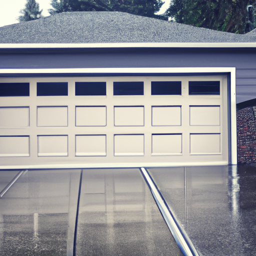 Residential sectional garage door in Puyallup, WA on an overcast wet day showing bottom seal and weatherstripping.