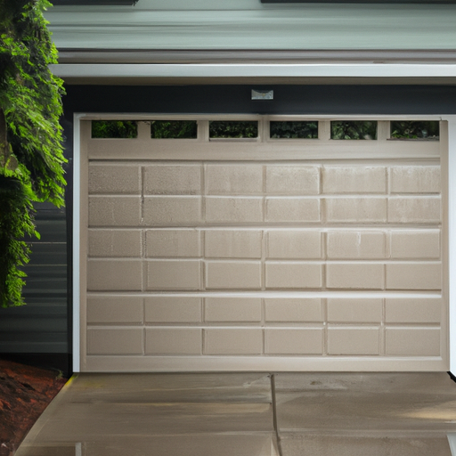 Modern suburban garage door with visible panels and threshold in a wet Pacific Northwest setting near Puyallup, WA.