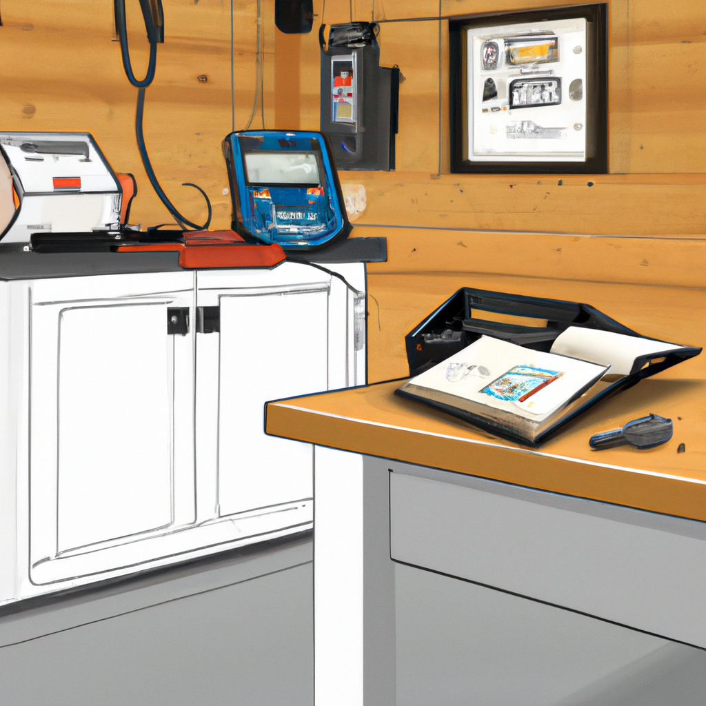 Editorial-style view of a garage door opener remote on a workbench inside a clean residential garage in Puyallup, WA
