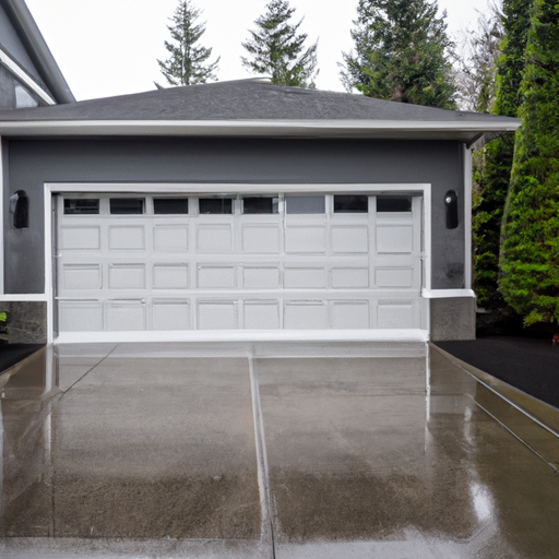 Overcast Puyallup street with a closed modern steel garage door, wet driveway and evergreen landscaping.