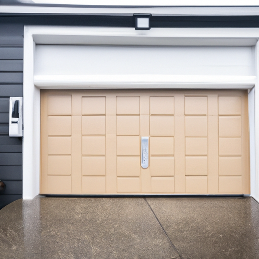 Suburban Puyallup home with modern sectional garage door and visible smart keypad in overcast light.