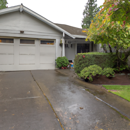 Residential garage door on a Puyallup, WA home on an overcast day with visible track and hardware.