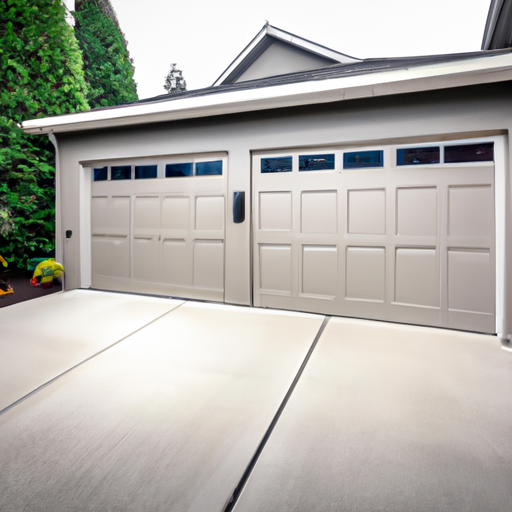 Insulated steel garage door partially open on a suburban Puyallup home, wet-season light, driveway and evergreen landscaping visible.