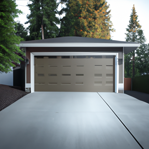 Residential garage in Puyallup with a modern sectional garage door, sensors visible, damp pavement and evergreens in background.