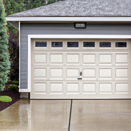 Closed composite garage door on a suburban Puyallup driveway with overcast sky and wet pavement.
