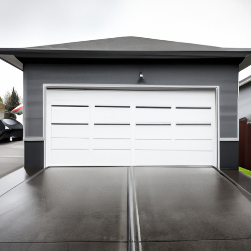 Sectional garage door on a suburban Puyallup home with wet driveway and visible opener rail, overcast sky.