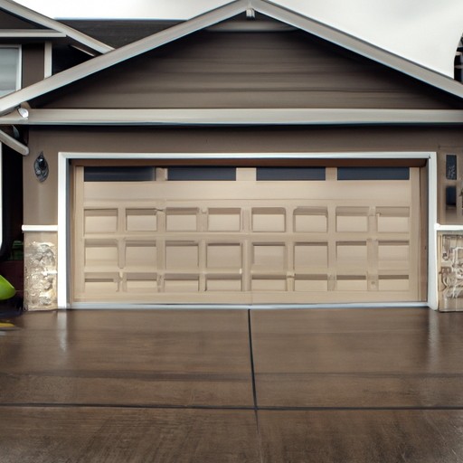 Suburban Puyallup home exterior with a visible steel garage door on an overcast, wet day.