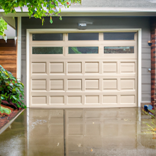 Insulated sectional garage door on a suburban Puyallup, WA home showing weatherstripping and sealed panels on an overcast day.