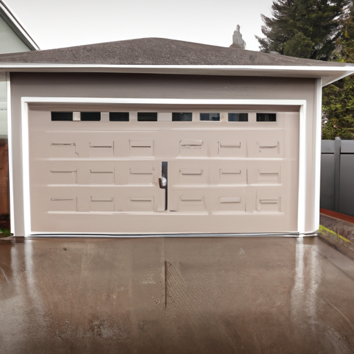 Closed modern steel-paneled garage door on a suburban Puyallup, WA home on an overcast wet day
