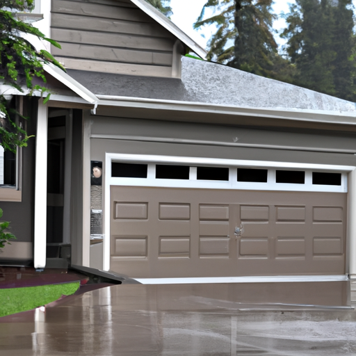 Modern sectional garage door on a Puyallup-style home with wet pavement and evergreen backdrop.