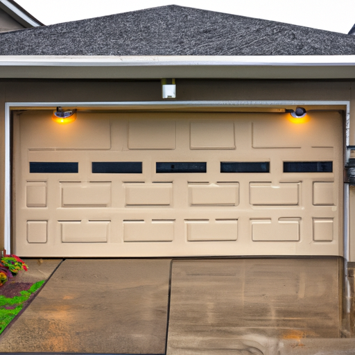 Suburban Puyallup home exterior showing a residential garage door and ceiling-mounted opener under overcast sky.