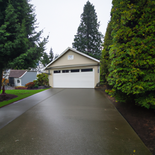 Modern insulated garage door on a Puyallup craftsman home with Mount Rainier faint in the overcast background.