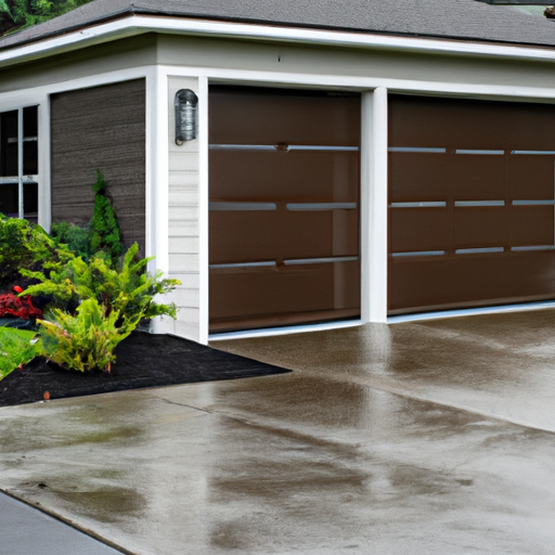 Residential garage in Puyallup, WA with a modern sectional door partly open, visible track and rollers, and wet Pacific Northwest landscaping.