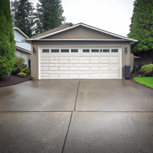 Sectional garage door closed on a suburban driveway in damp Puyallup, WA with visible hardware and evergreens in the background.