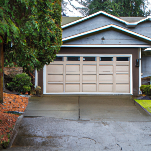 Residential street in Puyallup with a visible sectional garage door on an overcast morning; driveway and wet pavement visible.