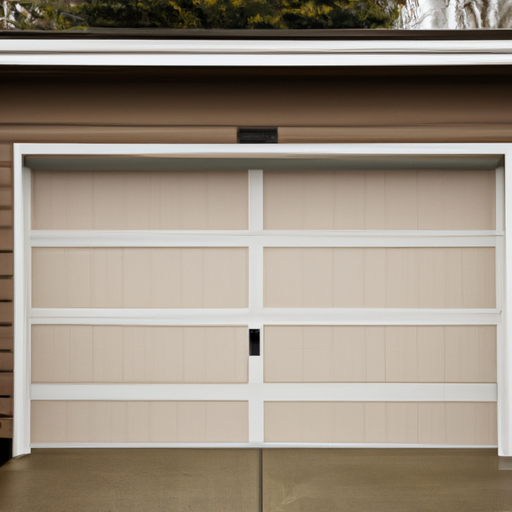 Residential garage door in Puyallup, WA showing panel texture and weatherstripping on an overcast day.