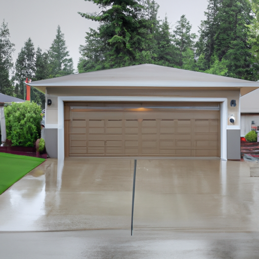 Residential garage with a steel sectional door and wet driveway in a Puyallup neighborhood on an overcast day.