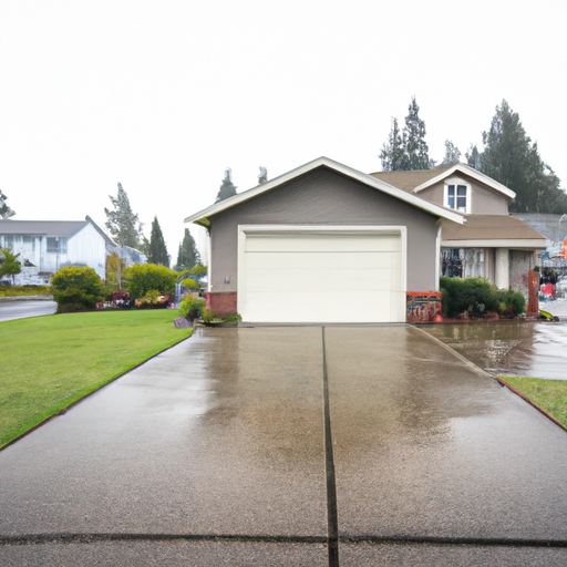 Puyallup home with closed garage door on a wet overcast day, view includes driveway and threshold.