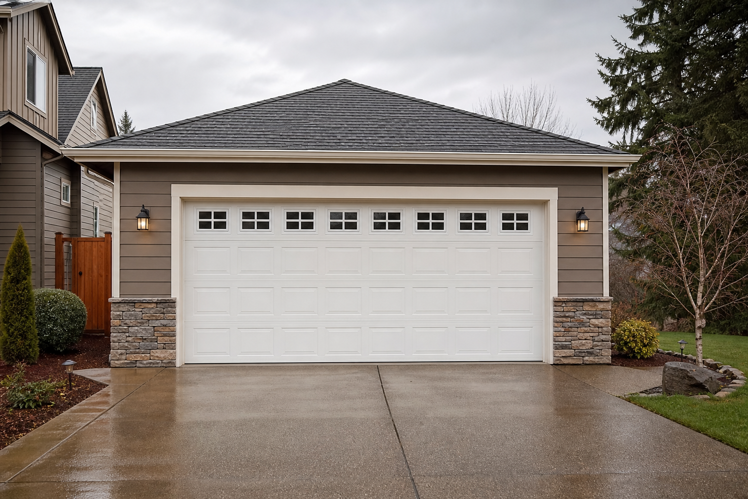 Suburban garage exterior in Puyallup with a fully visible garage door on a cloudy day
