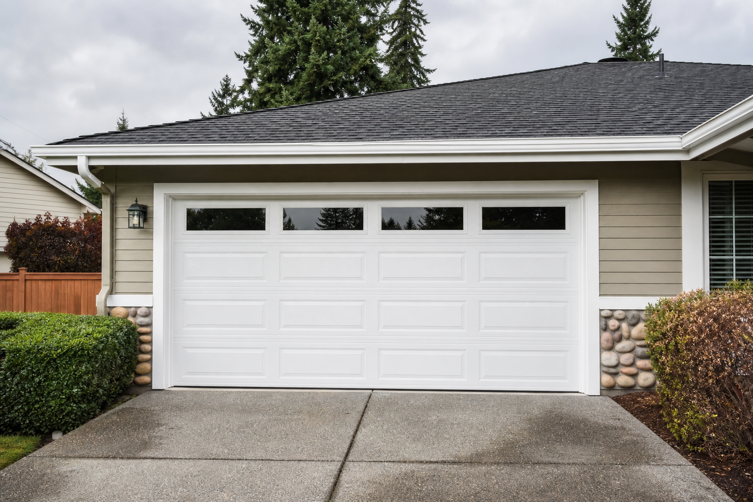 Newly installed garage door on a suburban Puyallup home under overcast daylight